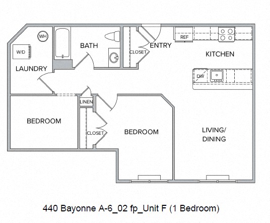 Floor plan for 1 bed, 1 bath, 864 sqft