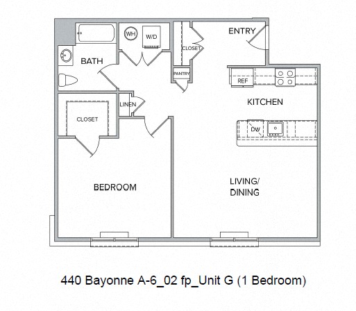 Floor plan for 1 bed, 1 bath, 886 sqft