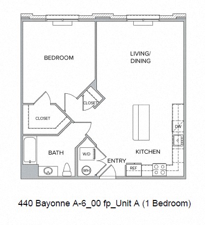 Floor plan for 1 bed, 1 bath, 890 sqft