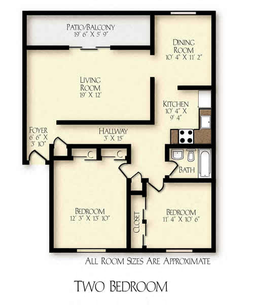 Floor plan for 2 beds, 1 bath, 900 sqft