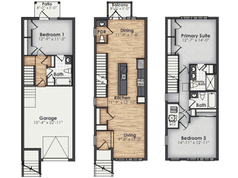 Floor plan for 3 beds, 3.5 baths, 1732 sqft