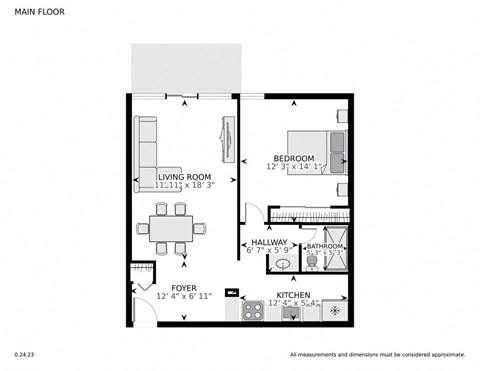Floor plan for 1 bed, 1 bath, 600 sqft