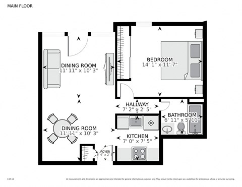 Floor plan for 1 bed, 1 bath, 570 sqft