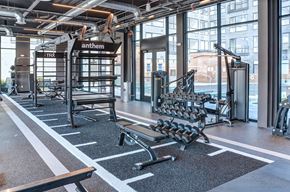 New Haven apartment for rent - A gym with a variety of equipment including a bench, weights, and a TRX system at The Anthem at Square 10 Apartments, New Haven, CT, 06510