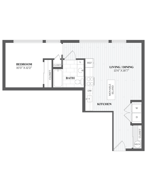 Floor plan for 1 bed, 1 bath, 725 sqft