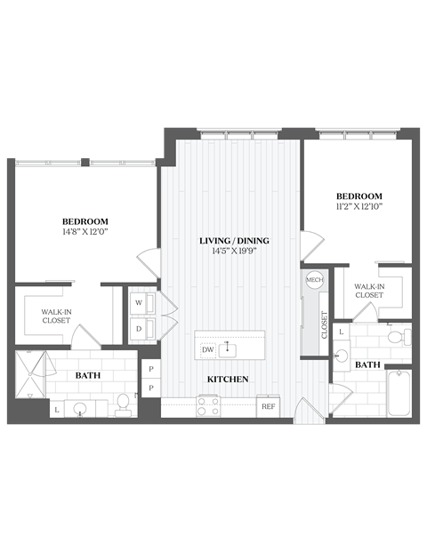 Floor plan for 2 beds, 2 baths, 1200 sqft