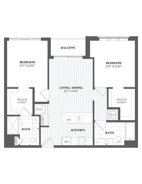 Floor plan for 2 beds, 2 baths, 1030 sqft