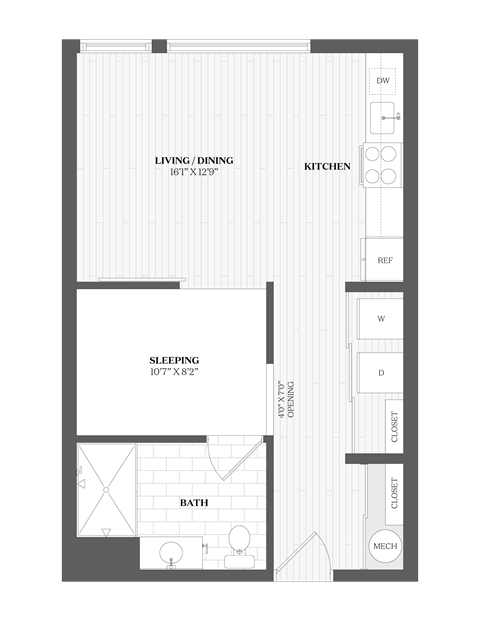Floor plan for studio, 1 bath, 540 sqft
