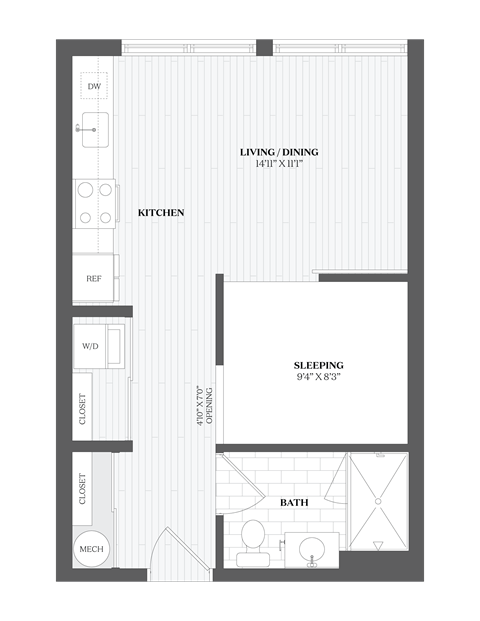 Floor plan for studio, 1 bath, 490 sqft