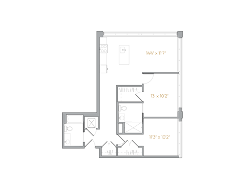 Floor plan for 2 beds, 2 baths, 990 sqft