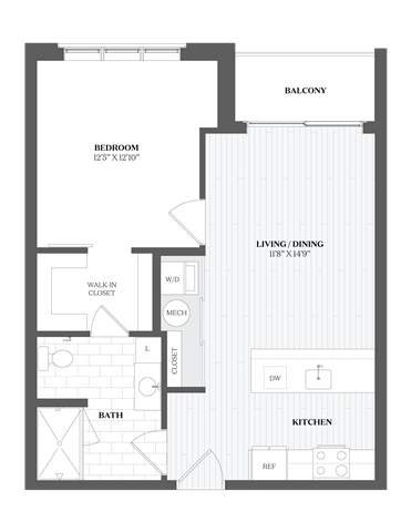 Floor plan for 1 bed, 1 bath, 725 sqft