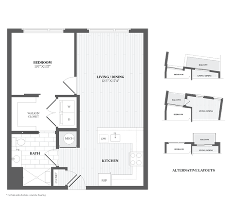Floor plan for 1 bed, 1 bath, 744 sqft
