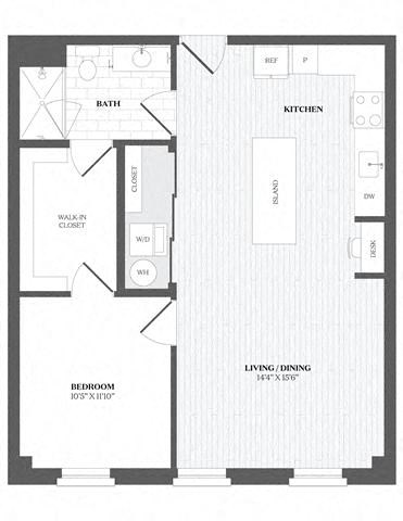Floor plan for 1 bed, 1 bath, 810 sqft