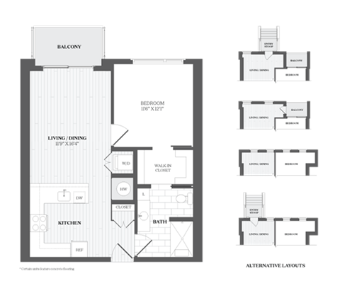 Floor plan for 1 bed, 1 bath, 762 sqft