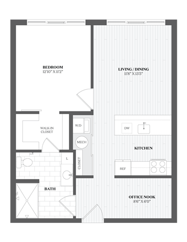 Floor plan for 1 bed, 1 bath, 665 sqft