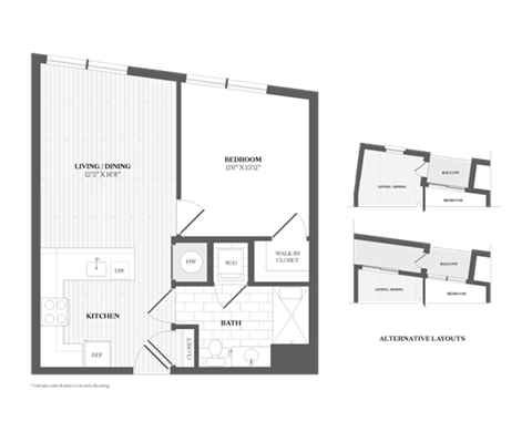 Floor plan for 1 bed, 1 bath, 670 sqft