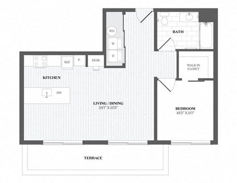 Floor plan for 1 bed, 1 bath, 750 sqft