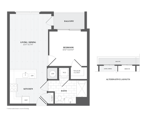 Floor plan for 1 bed, 1 bath, 650 sqft