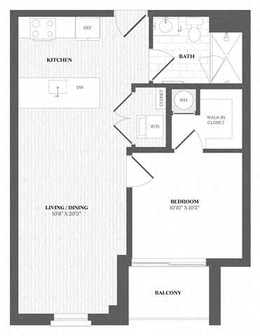 Floor plan for 1 bed, 1 bath, 640 sqft