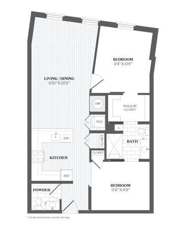 Floor plan for 2 beds, 1.5 baths, 1037 sqft