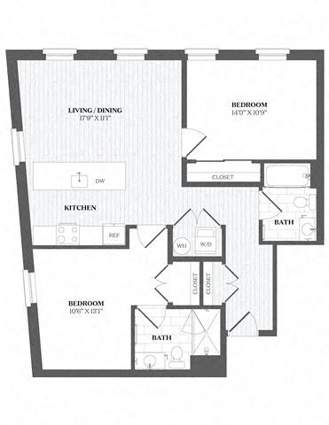 Floor plan for 2 beds, 2 baths, 1020 sqft
