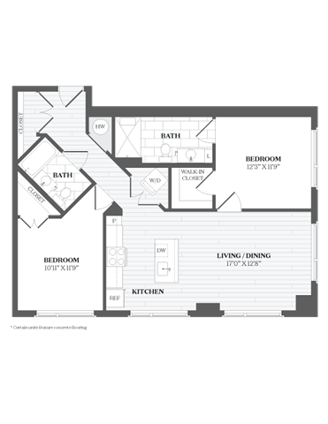 Floor plan for 2 beds, 2 baths, 1037 sqft