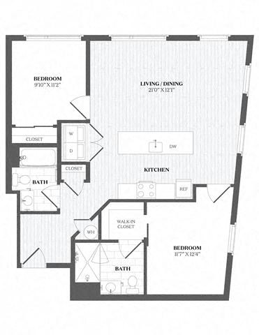 Floor plan for 2 beds, 2 baths, 1000 sqft