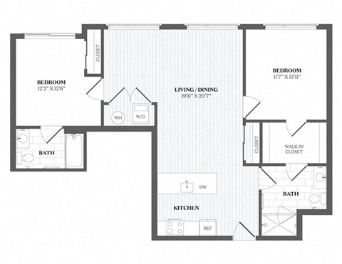 Floor plan for 2 beds, 2 baths, 1110 sqft