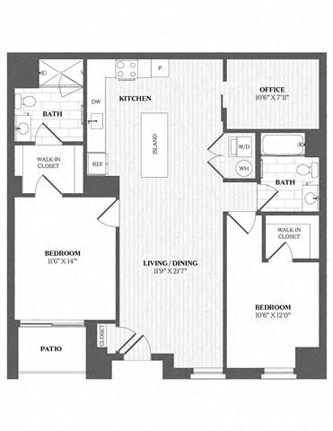 Floor plan for 2 beds, 2 baths, 1220 sqft