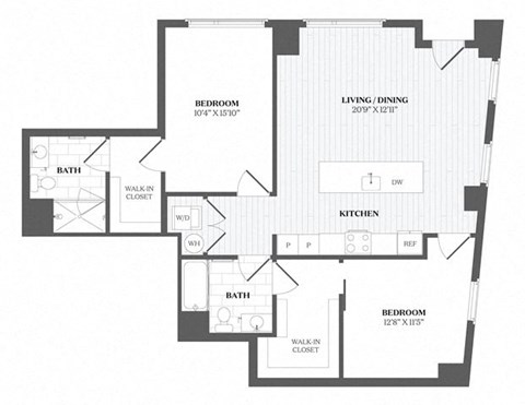 Floor plan for 2 beds, 2 baths, 1140 sqft
