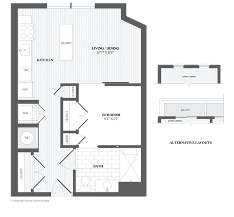Floor plan for studio, 1 bath, 608 sqft