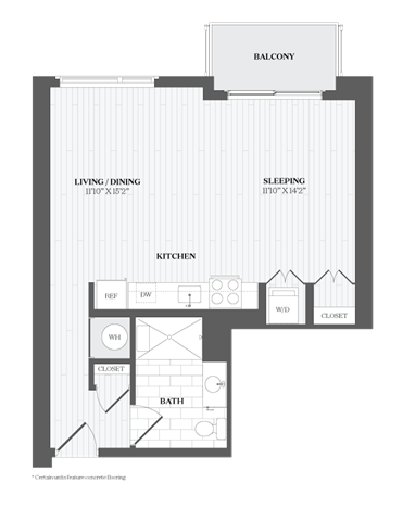 Floor plan for studio, 1 bath, 615 sqft