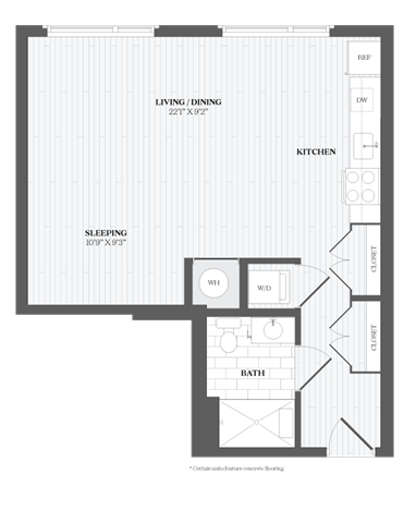 Floor plan for studio, 1 bath, 608 sqft