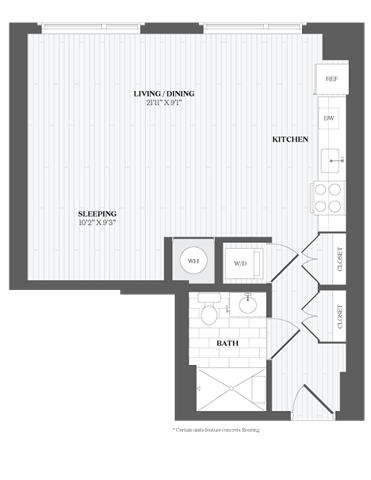 Floor plan for studio, 1 bath, 608 sqft