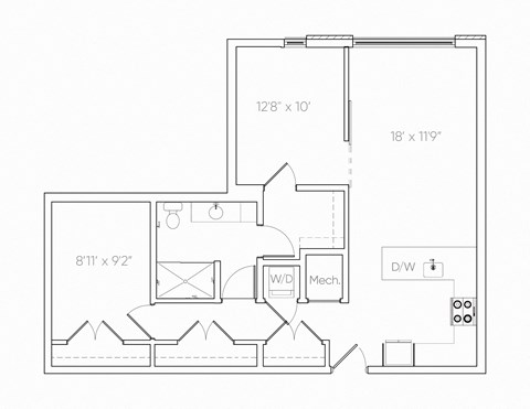 Floor plan for 1 bed, 1 bath, 960 sqft