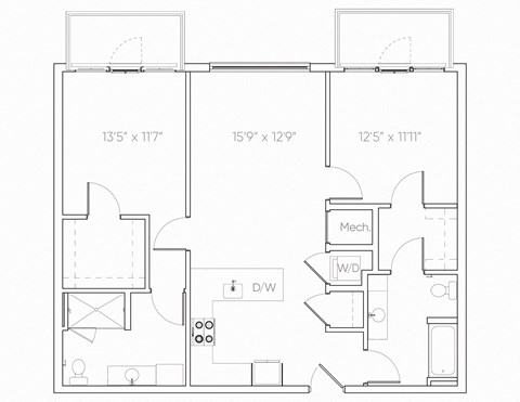 Floor plan for 2 beds, 2 baths, 1126 sqft