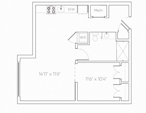 Floor plan for studio, 1 bath, 729 sqft