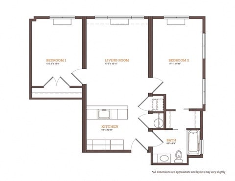 Floor plan for 2 beds, 1 bath, 860 sqft