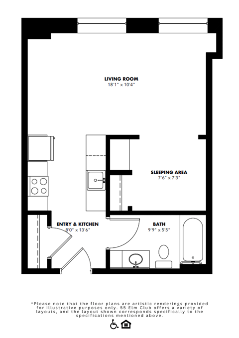 Floor plan for studio, 1 bath, 460 sqft