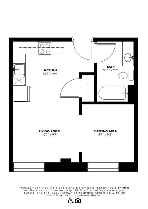 Floor plan for studio, 1 bath, 396 sqft