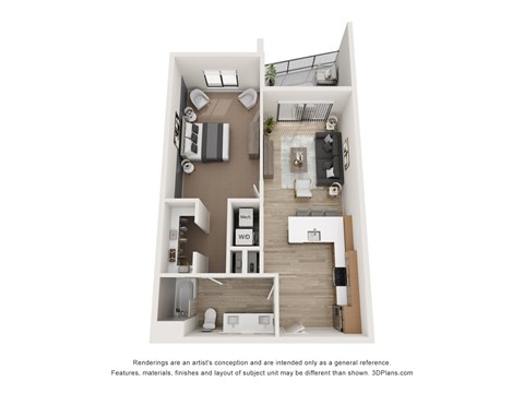 Floor plan for 1 bed, 1 bath, 636 sqft