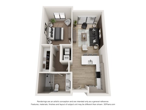 Floor plan for 1 bed, 1 bath, 665 sqft