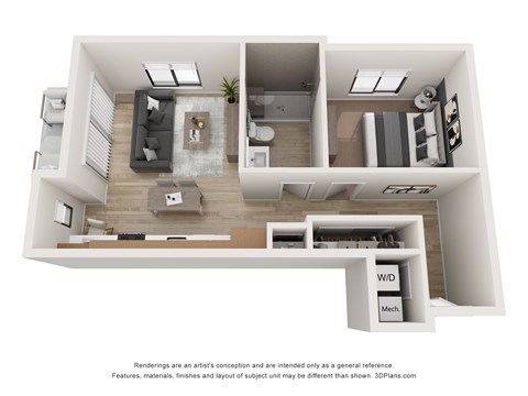 Floor plan for 1 bed, 1 bath, 692 sqft