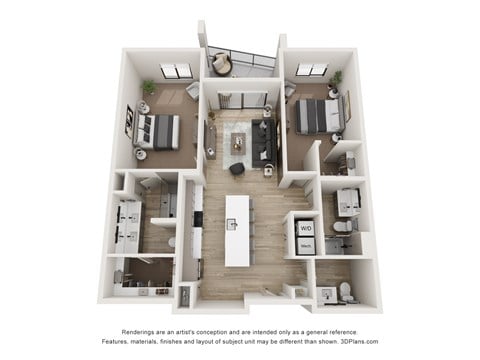Floor plan for 2 beds, 2 baths, 1129 sqft