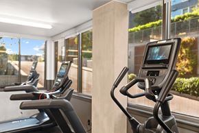 Seattle apartment for rent - A row of treadmills in a gym with a view of the outside.