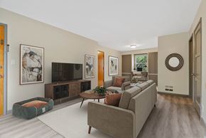 Seattle apartment for rent - A living room with a grey couch and a green dog bed.