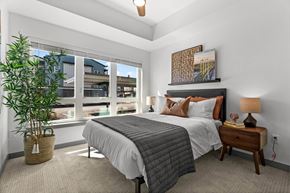 Tacoma apartment for rent - A bedroom with a large bed and a potted plant.