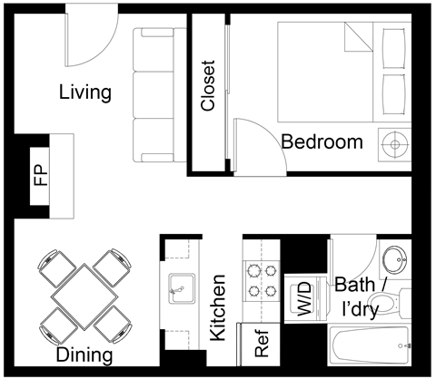 Floor plan for 1 bed, 1 bath, 570 sqft