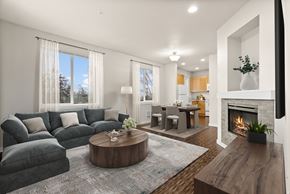 Bellevue apartment for rent - A modern living room with a grey sofa, a wooden coffee table, and a fireplace.
