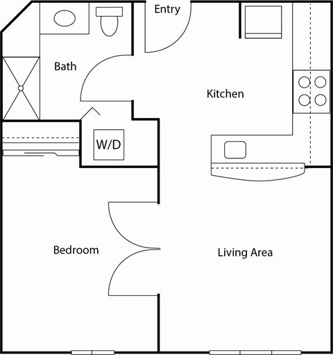 Floor plan for 1 bed, 1 bath, 510 sqft